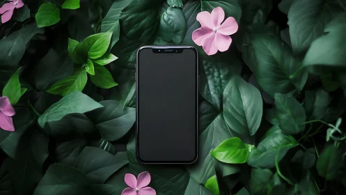 Smartphone positioned within foliage composition with floral elements