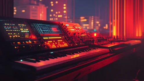 Neon-lit synth workstation dreaming above the midnight city.