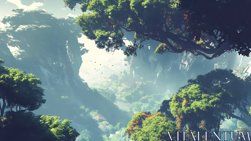 Canyon Aerial View with Dense Forest Canopy.