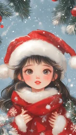 Snow-kissed girl in red Santa coat under evergreen boughs.