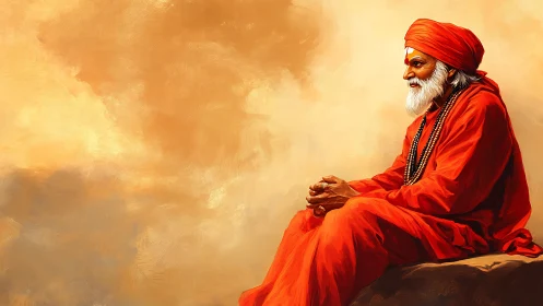 Meditative sage in saffron robes against golden sky.
