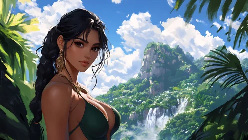 Tropical brunette in green bikini before lush waterfalls vista