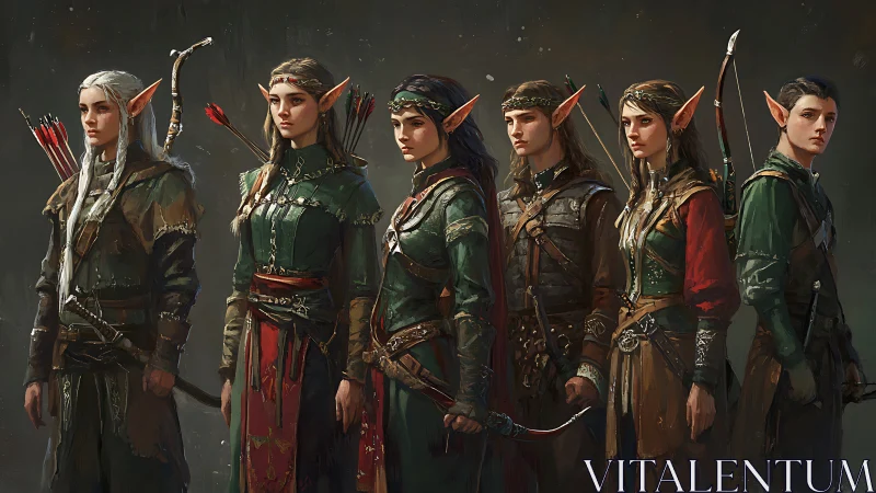 Six elf archers stand in detailed fantasy armor and clothing