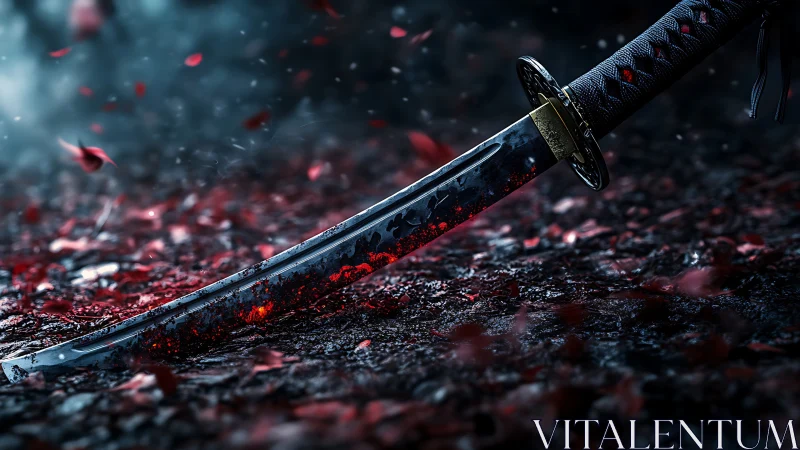 Bloodstained katana rests in crimson petals and misty gloom.