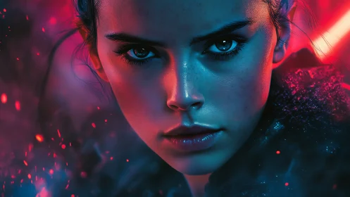 Fierce neon-lit heroine stares ahead in electric resolve