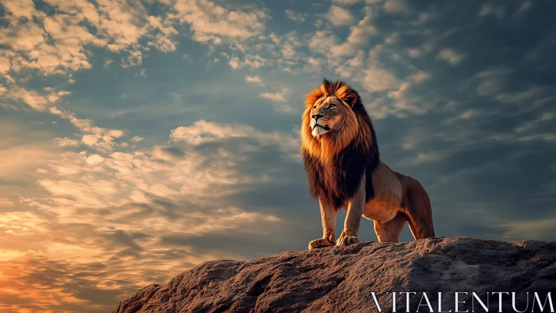 Sunlit lion standing proud atop a quiet rocky lookout.