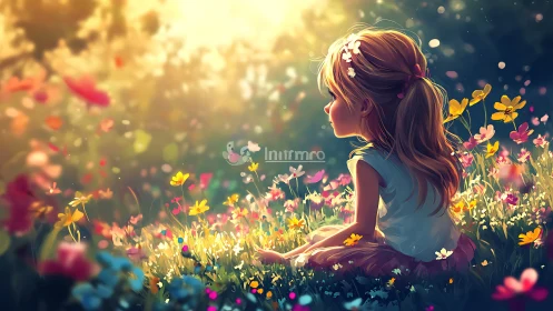 Sunlit child profile within luminous wildflower meadow.