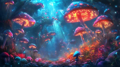 Luminous fantasy forest filled with giant glowing mushrooms.