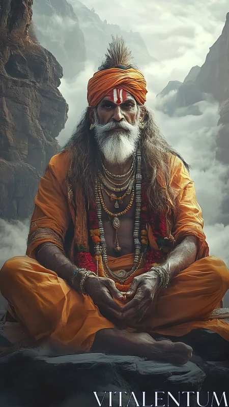 Mountain sage in deep meditation among swirling clouds.