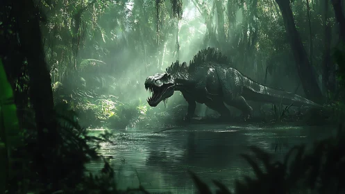 Predatory dinosaur roars beside swampy jungle waterway.