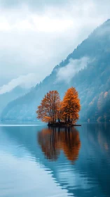 Solitary autumn island reflects in misty alpine lake