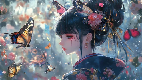 Melancholic girl in kimono surrounded by vivid butterflies.