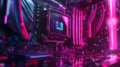 Futuristic computer motherboard close-up with neon lighting.
