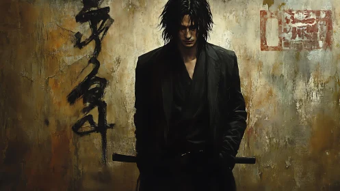 Moody lone swordsman resting against a weathered wall.