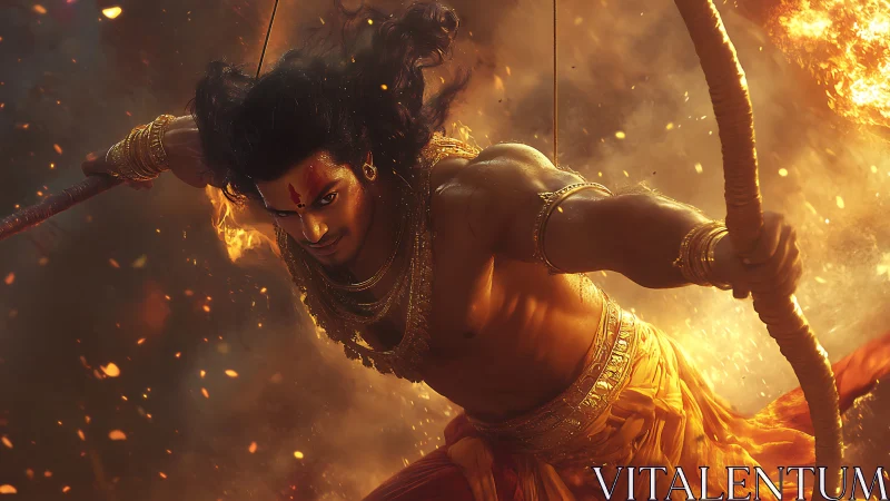 Dynamic mythic archer in mid-air, lit by intense volumetric fire