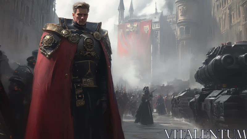 Imperial warlord strides through gothic armored parade street.