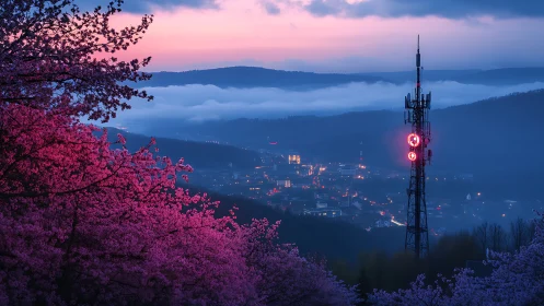 Telecom tower overlooks valley town behind dense pink blossoms.