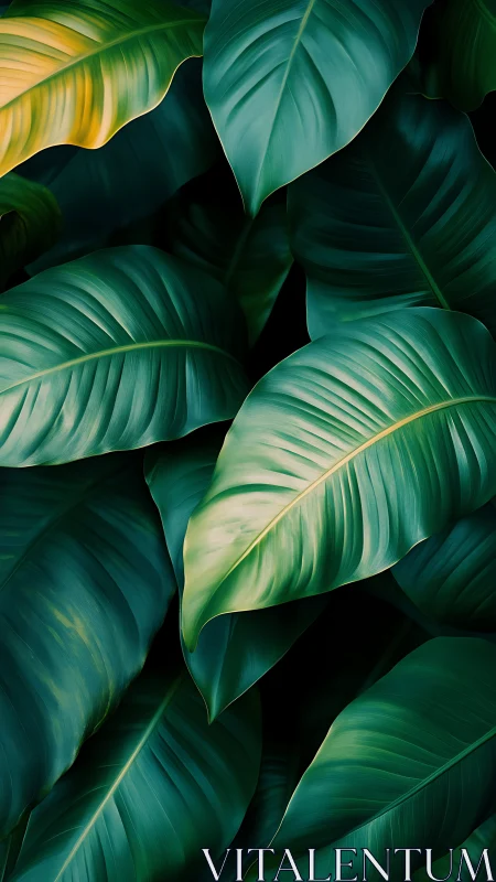 Layered tropical foliage rendered in high-contrast macro detail