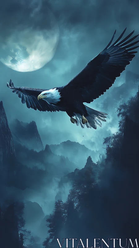 Moonlit eagle glides above misty blue mountain gorge.