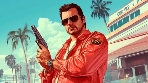 Retro city tough guy in sunglasses under palm trees.