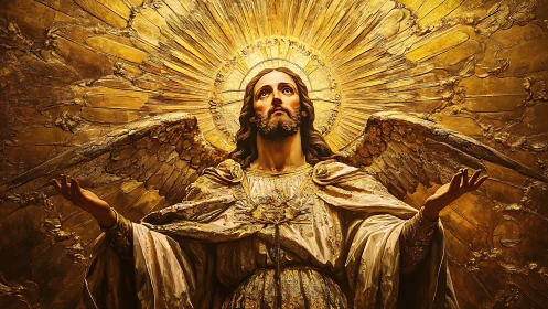 Radiant golden angel lifts arms beneath a blazing halo