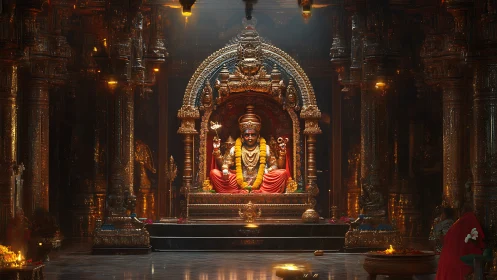 Golden temple serenity with radiant seated deity at dusk.
