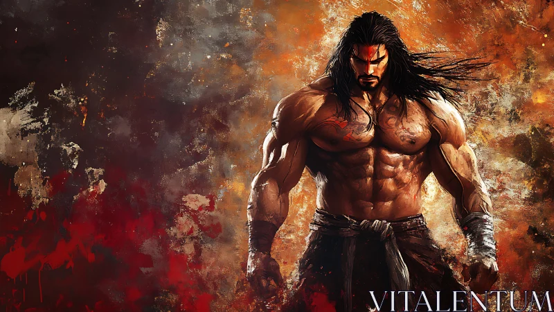 Warrior with fiery aura amid abstract battle chaos.