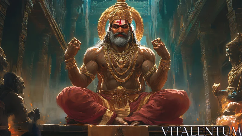 Divine warrior sage seated in glowing temple hall.