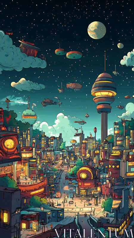 Starlit floating city buzzing with cozy futuristic life.
