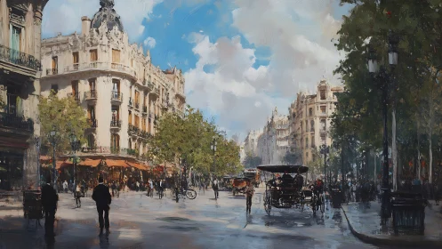 Sunlit boulevard with vintage carriages in European cityscape.