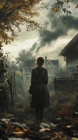 Solitary figure walks toward a smoking house in autumn haze