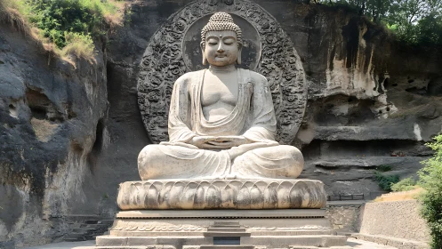 Stone Buddha sculpture seated before intricately carved halo.