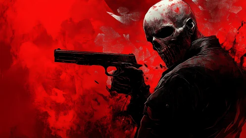 Skull-masked gunman in crimson abstract combat field.
