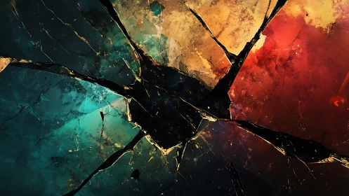 Shattered glass radiates color fragments across dark void