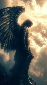 Armored angelic warrior framed by radiant storm clouds.