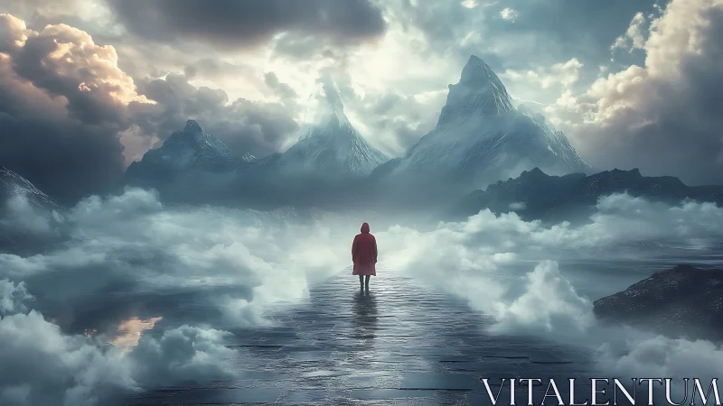 Lone wanderer on misty path toward towering icy peaks.