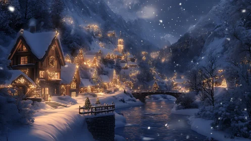 Snowlit alpine village draped in golden holiday starlight.