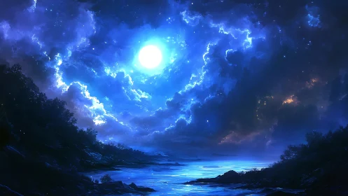 Moonlit coastal dreams glow softly beneath vast blue clouds