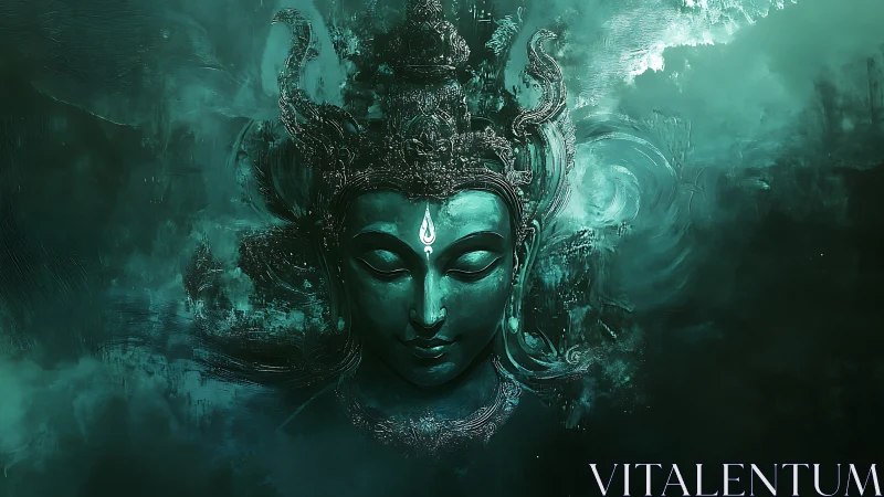 Emerald ethereal deity portrait in turbulent digital mist.