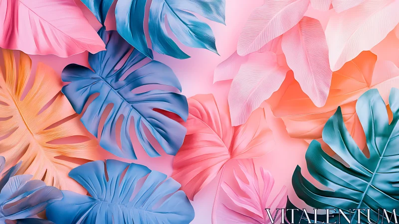 Candy-colored jungle leaves drift across a pastel dream