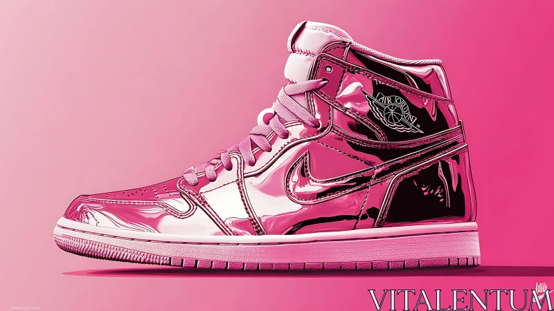 Metallic pink Nike basketball shoe on monochrome ground.