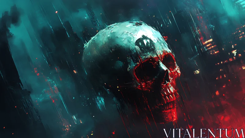 Large human skull is rendered in a neon-lit urban void