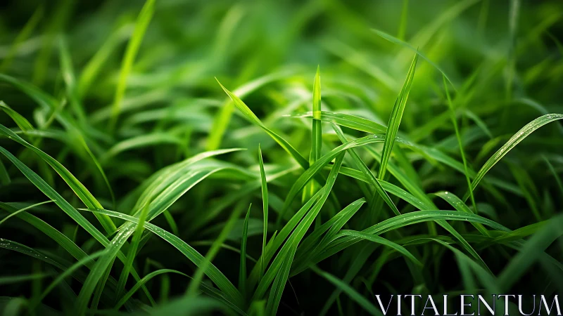 Sunlit blades of grass glow in a lush green close up