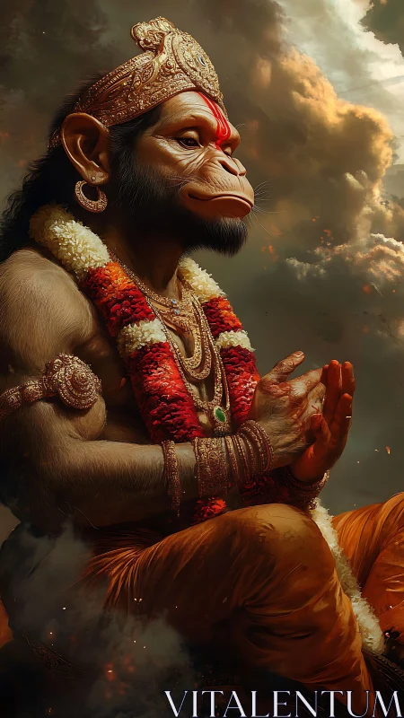 Serene monkey-headed deity rests in prayerful golden light