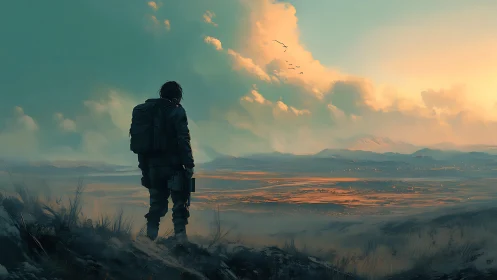 Solitary figure stands over expansive misty desert valley