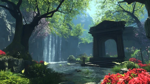 Secret waterfall grove and forgotten stone archway dreamscape.
