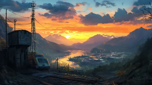 Train siding overlooks industrial valley at sunset