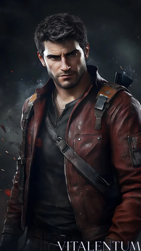 Battle-hardened adventurer stands in smoky cinematic light.