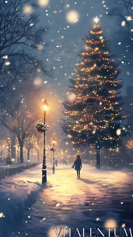 Snowy urban park with illuminated Christmas tree at dusk