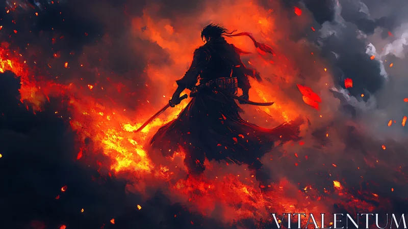 Silhouetted swordsman stands within dense fire and smoke
